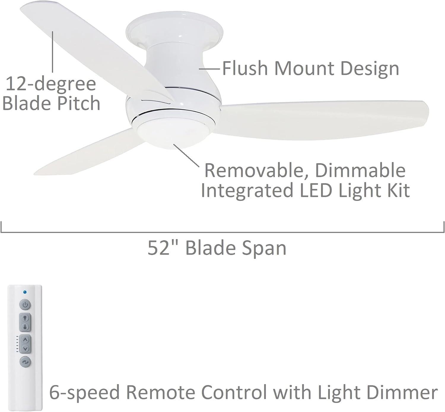 Kathy Ireland Home Curva Sky LED Outdoor Ceiling Fan with Light Kit, 52 Inch | Modern Fixture with 6-Speed Remote Control | Low Profile with Downrod Mount, Appliance White [CF252LWW]