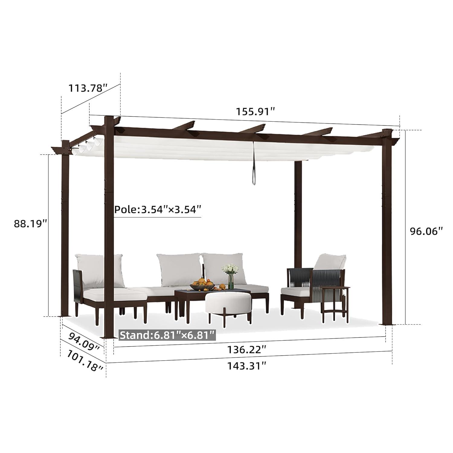 PURPLE LEAF Pergola 10' X 13' Outdoor Retractable Metal Patio Pergola with Shade Cover for Garden Yard Pavilion Grill for Beach Deck Gazebo, Terra