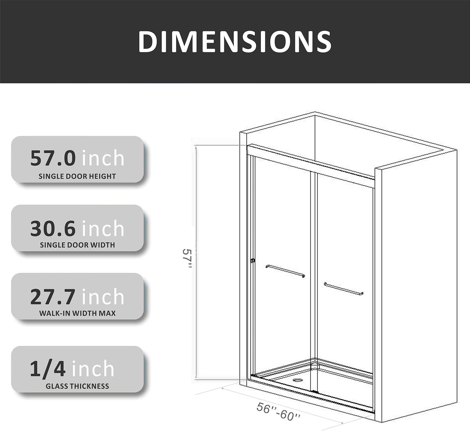 Sliding Glass Tub Door 56-60 In. W X 57 In. H, Semi Frameless Double Bathtub Door, Certified Thick Clear Clear Tempered Glass, 304 Stainless Steel Handles.