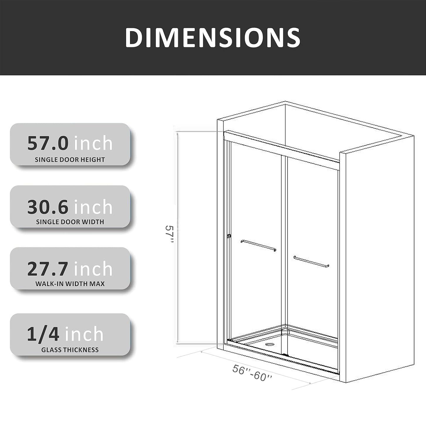 Sliding Glass Tub Door 56-60 In. W X 57 In. H, Semi Frameless Double Bathtub Door, Certified Thick Clear Clear Tempered Glass, 304 Stainless Steel Handles.