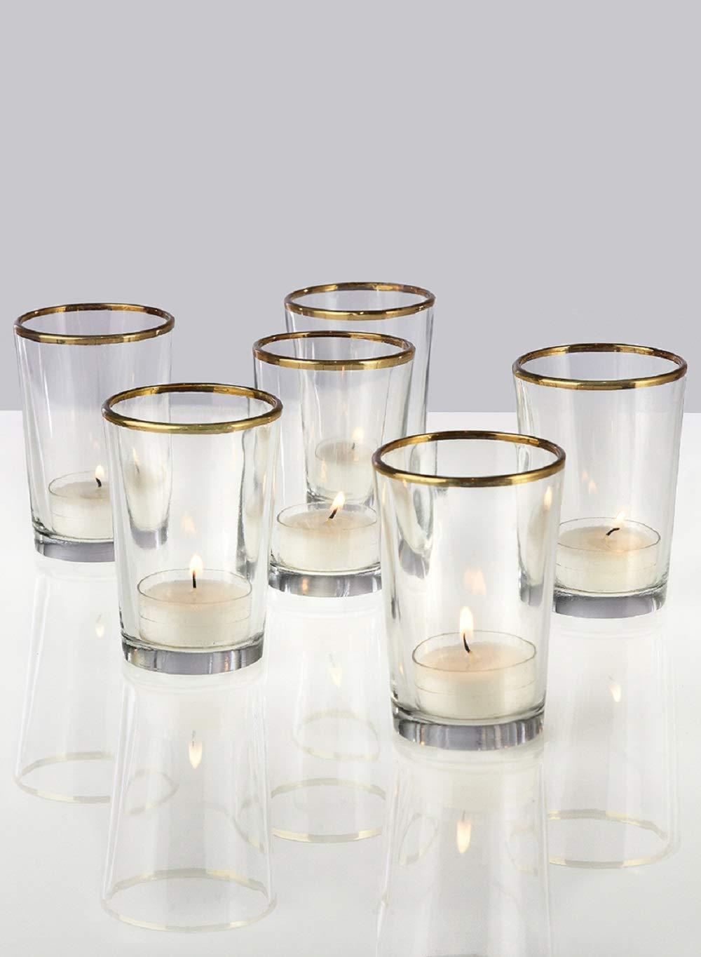 Serene Spaces Living Set of 6 Gold Rimmed Glass Votive Holders, Ideal for use at Home, Wedding, Aromatherapy, Spa, Reiki, Measures 3.5" Tall & 2.5" Diameter