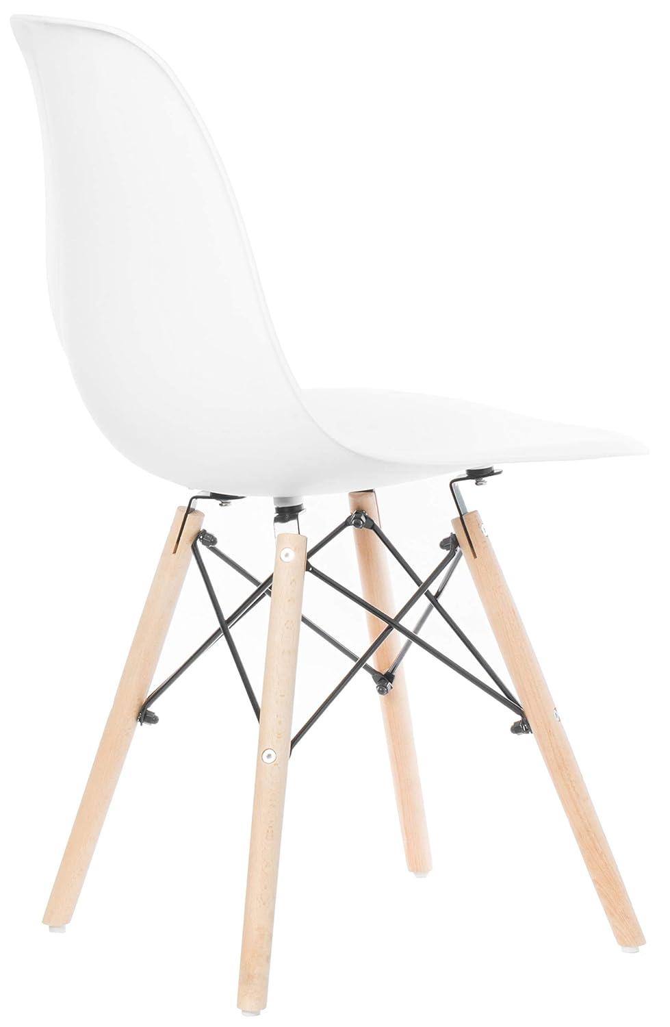 Fabulaxe Mid-Century Modern Style Plastic DSW Shell Dining Chair with Solid Beech Wooden Dowel Eiffel Legs, White