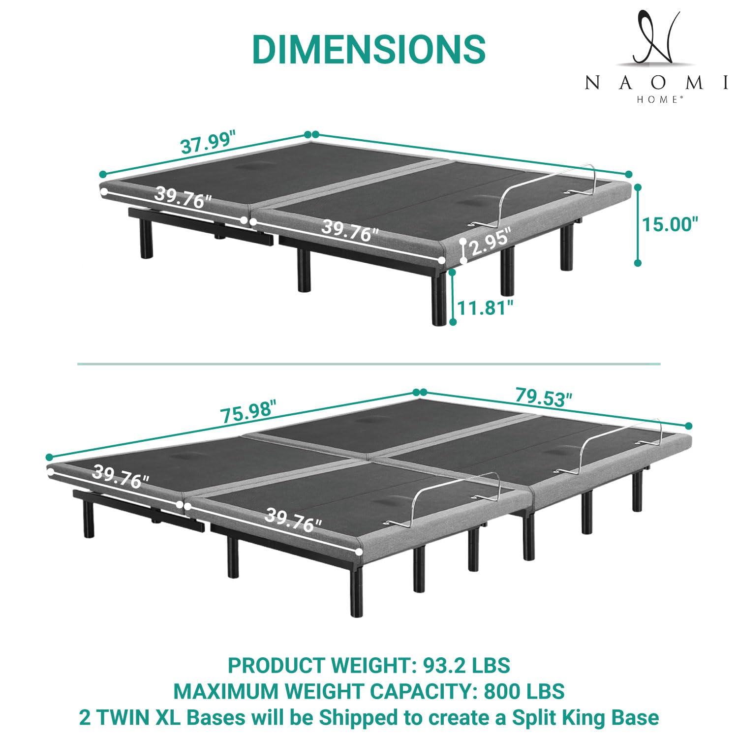 Naomi Home Split King Size Ergonomic Adjustable Bed Base with Basic Lumbar Support & Head Tilt, Back & Leg Massage, Wireless Remote, Assembly Needed - Split King, Gray