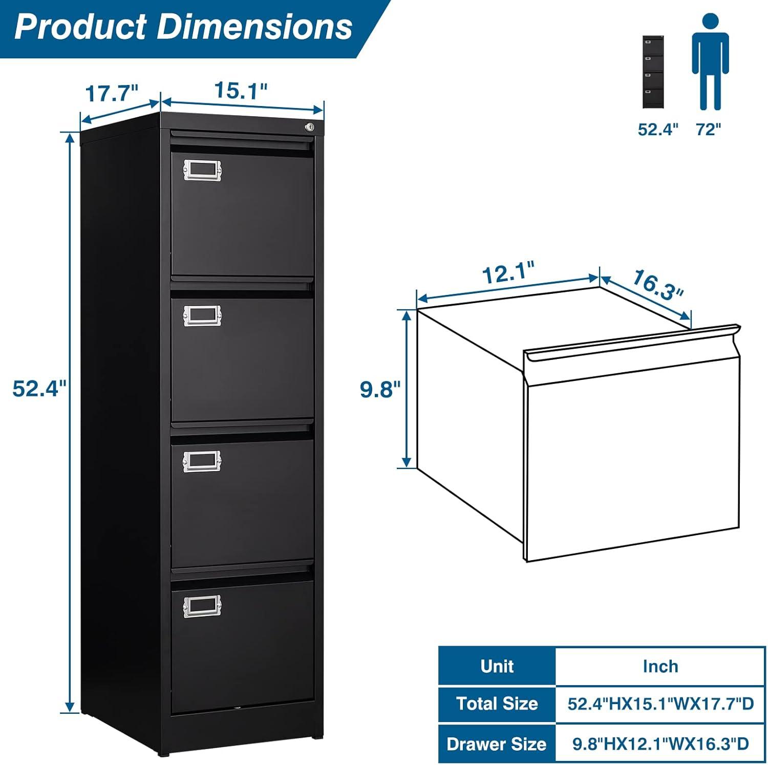 4 Drawer File Cabinet, Vertical Filing Cabinets with Lock, Metal File Cabinets for Home Office, Anti-Tip 4 Storage Drawers for Letter/Legal/A4/F4 Size (Assemble Required, Black)