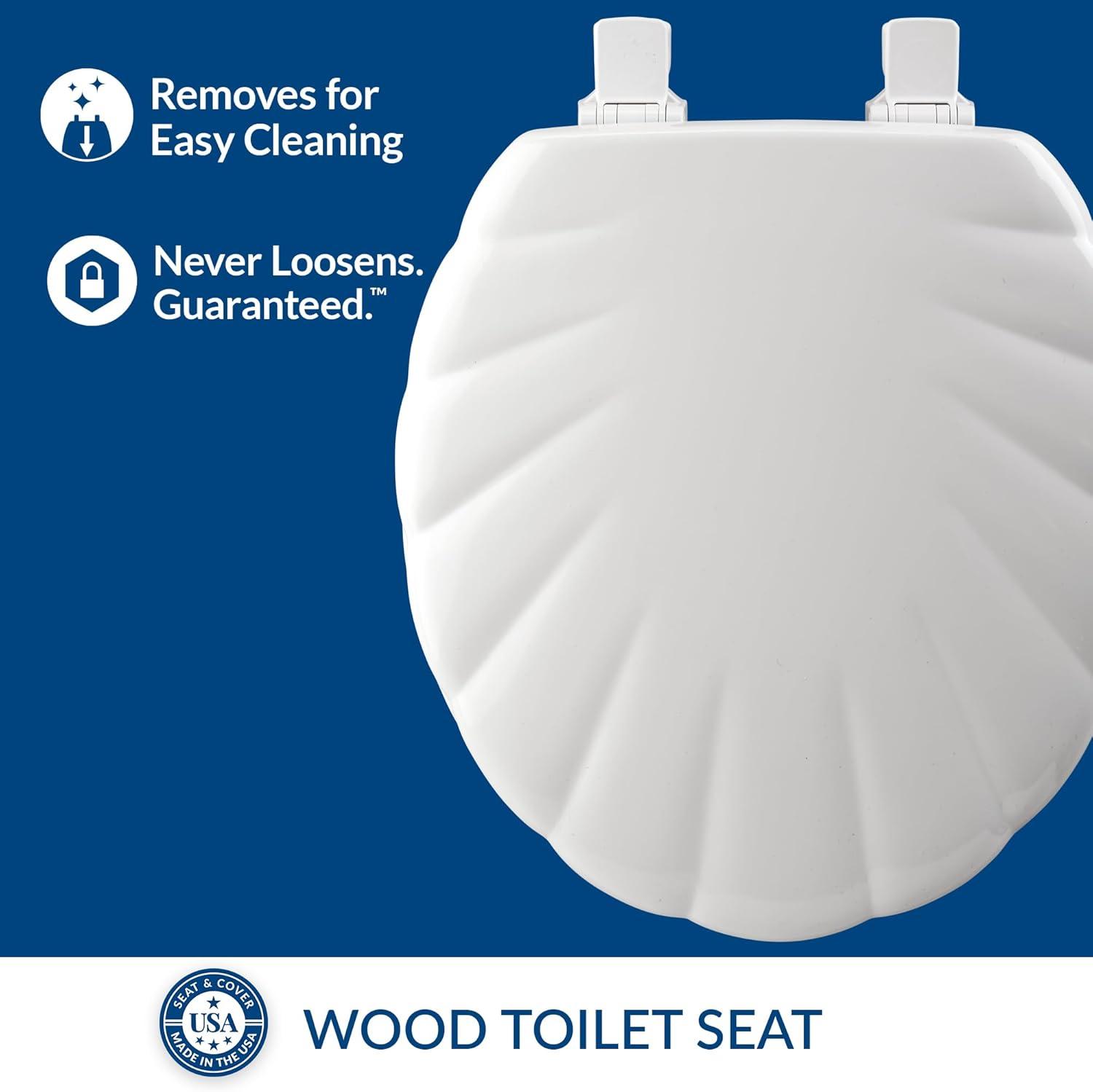 Shell Sculptured Wood Toilet Seat, Easily Removes for Cleaning, Hinges Never Loosen, Round