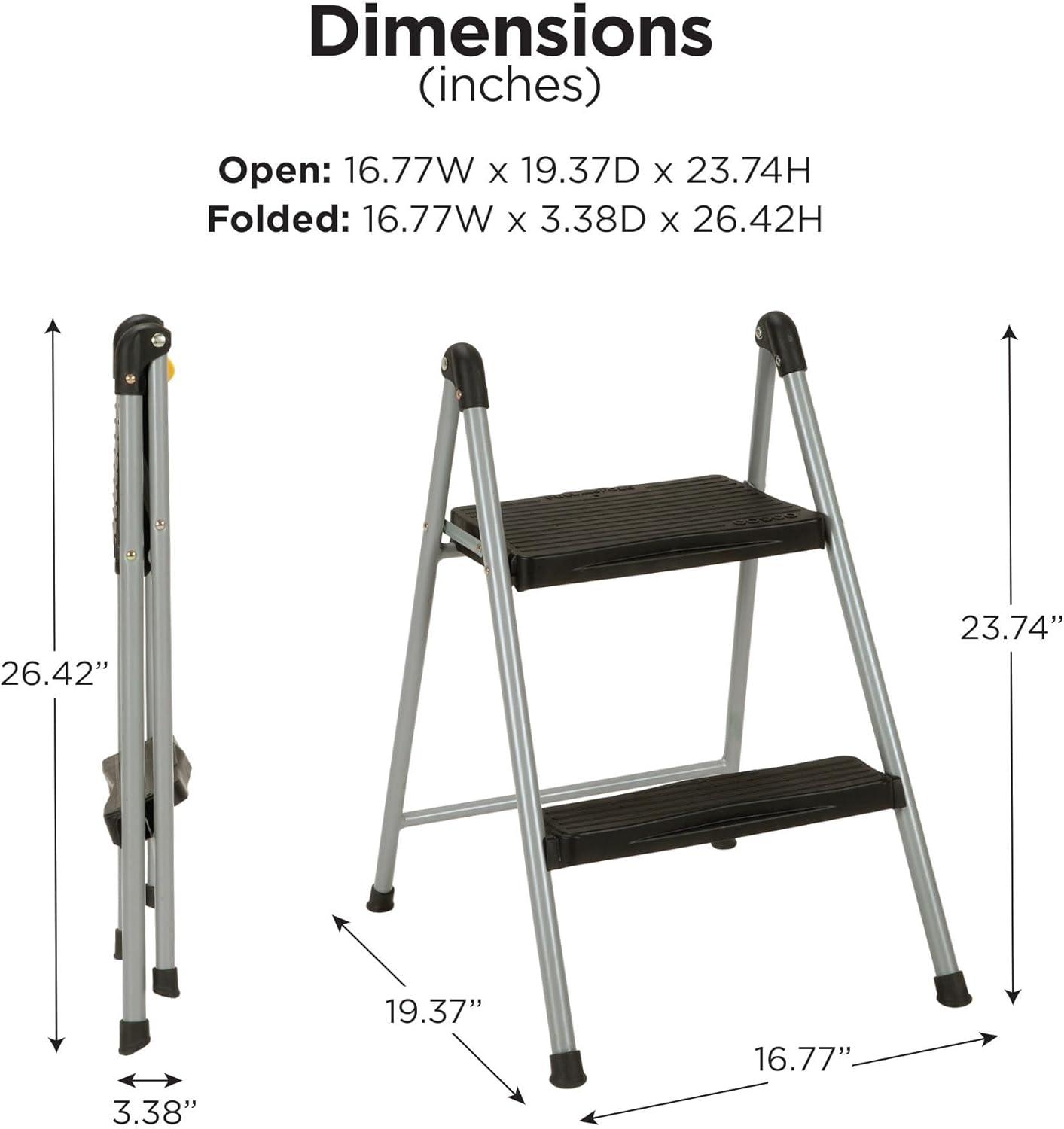 Cosco Folding Step Stool, 2-Step, 200 lb Capacity, 16.9" Working Height, Platinum/Black