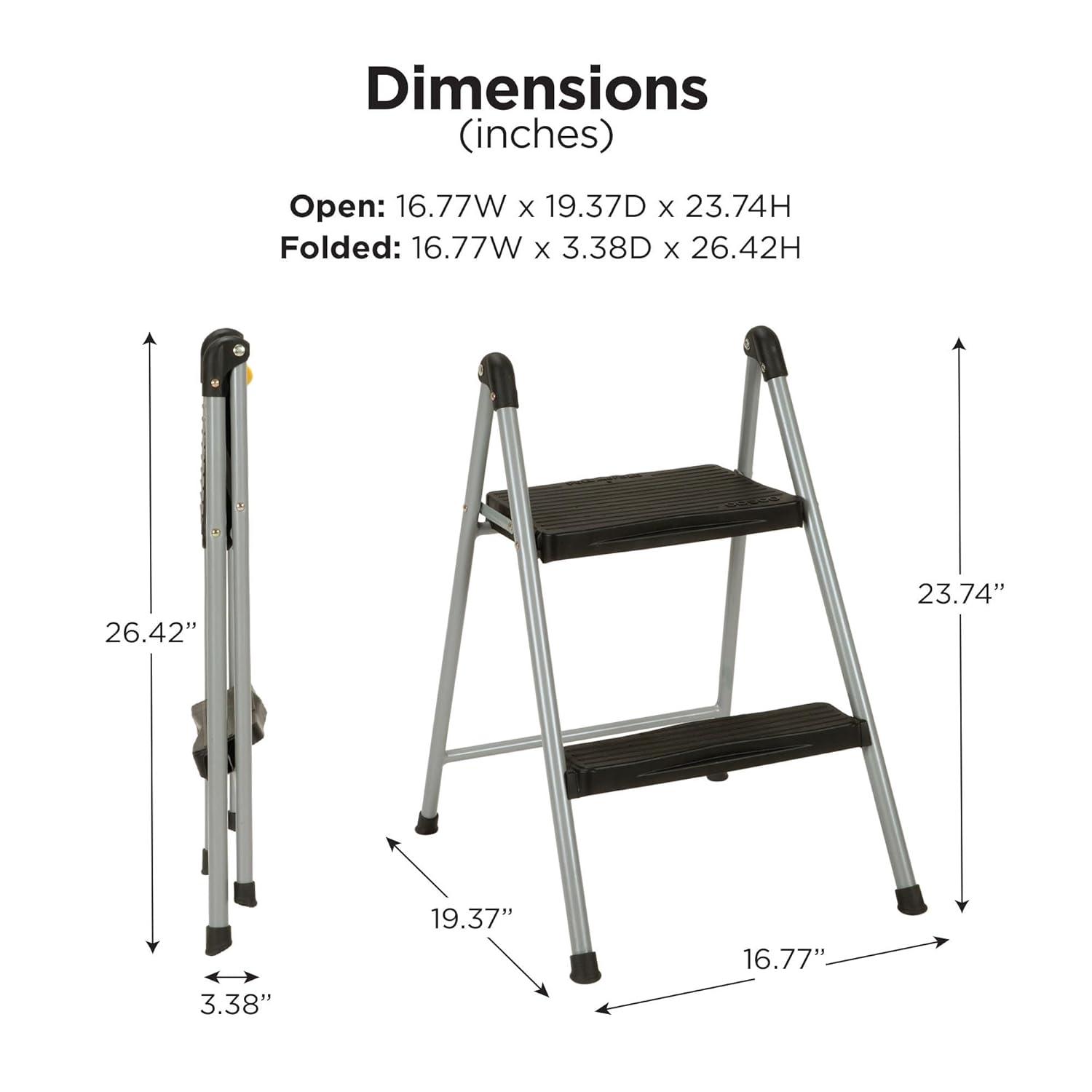 Cosco Folding Step Stool, 2-Step, 200 lb Capacity, 16.9" Working Height, Platinum/Black