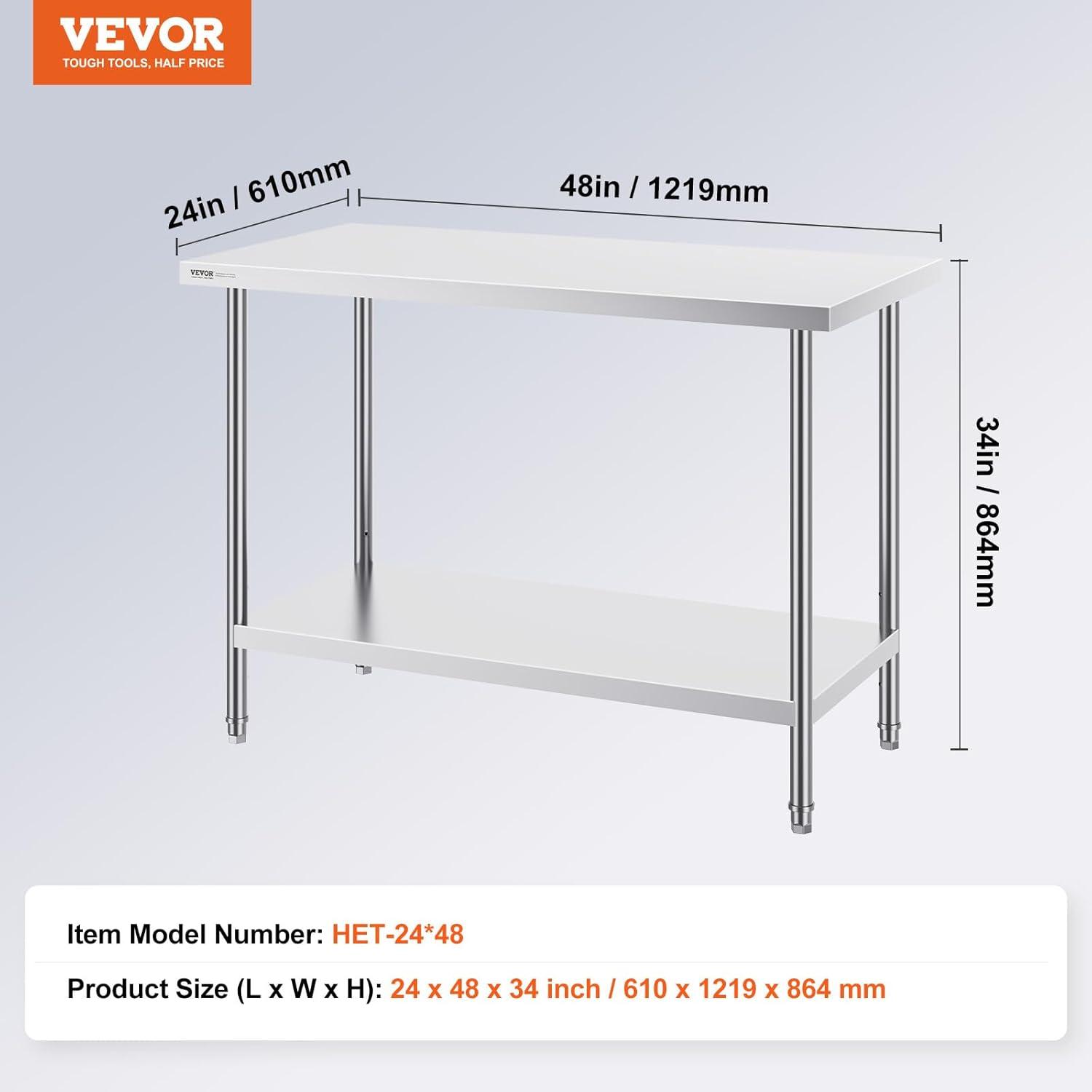 VEVOR Stainless Steel Prep Table, 48 x 24 x 34 Inch, 550lbs Load Capacity Heavy Duty Metal Worktable with Adjustable Undershelf, Commercial Workstation for Kitchen Restaurant Garage Backyard