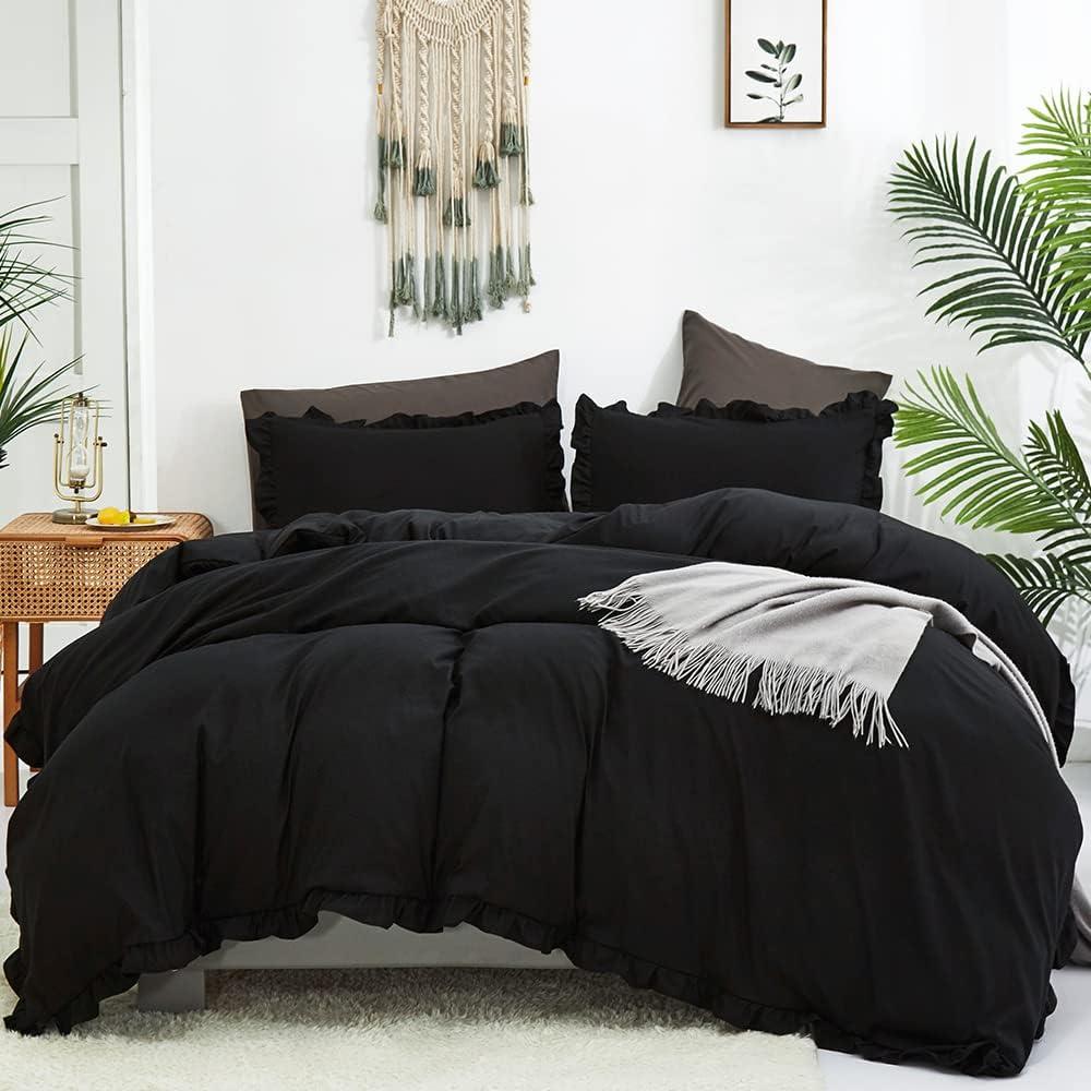 Black Ruffled Microfiber King Comforter Set with Pillowcases