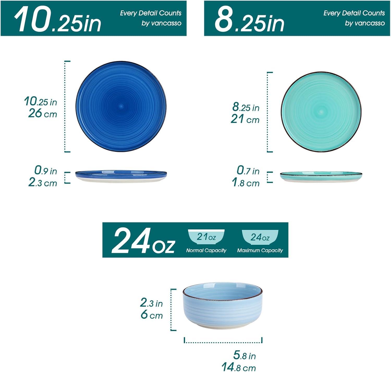Bonita Blue Dinnerware Sets, Plates and Bowls Set for 4, 12 Pieces Stoneware Dinnerware Set, Dishwasher and Microwave Safe