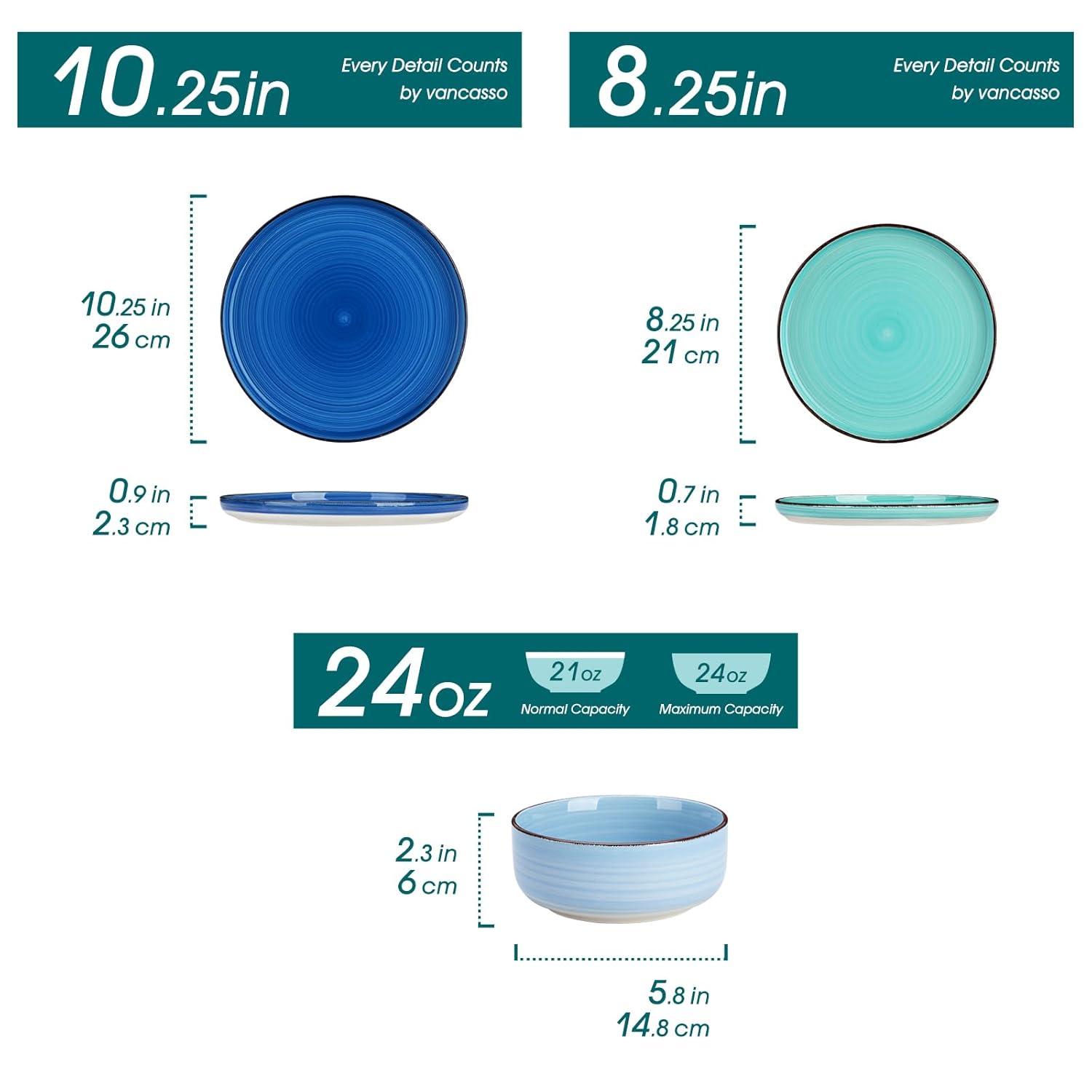 Bonita Blue Dinnerware Sets, Plates and Bowls Set for 4, 12 Pieces Stoneware Dinnerware Set, Dishwasher and Microwave Safe