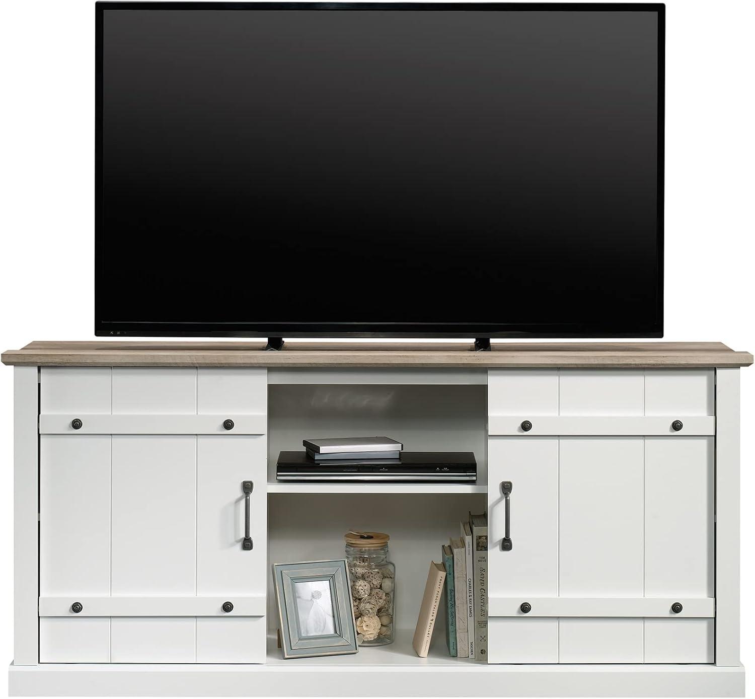 Soft White Farmhouse TV Stand with Oak Accent for 70" TVs