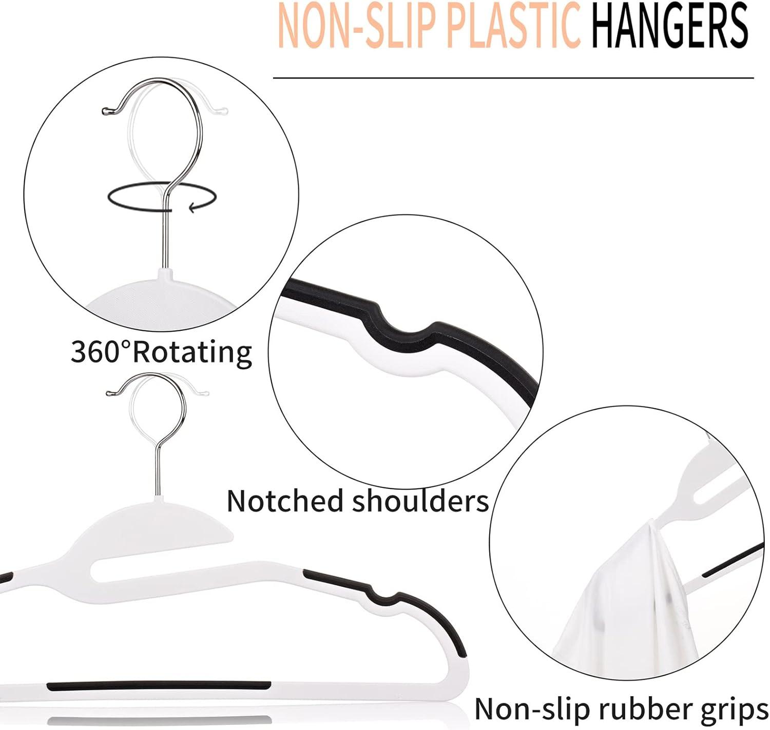50PK Coat Hangers Non Slip - Space Saving Plastic Clothes Hangers, Slim Pant Hangers, U-Slide, Heavy Duty, 360°Swivel Hook, White