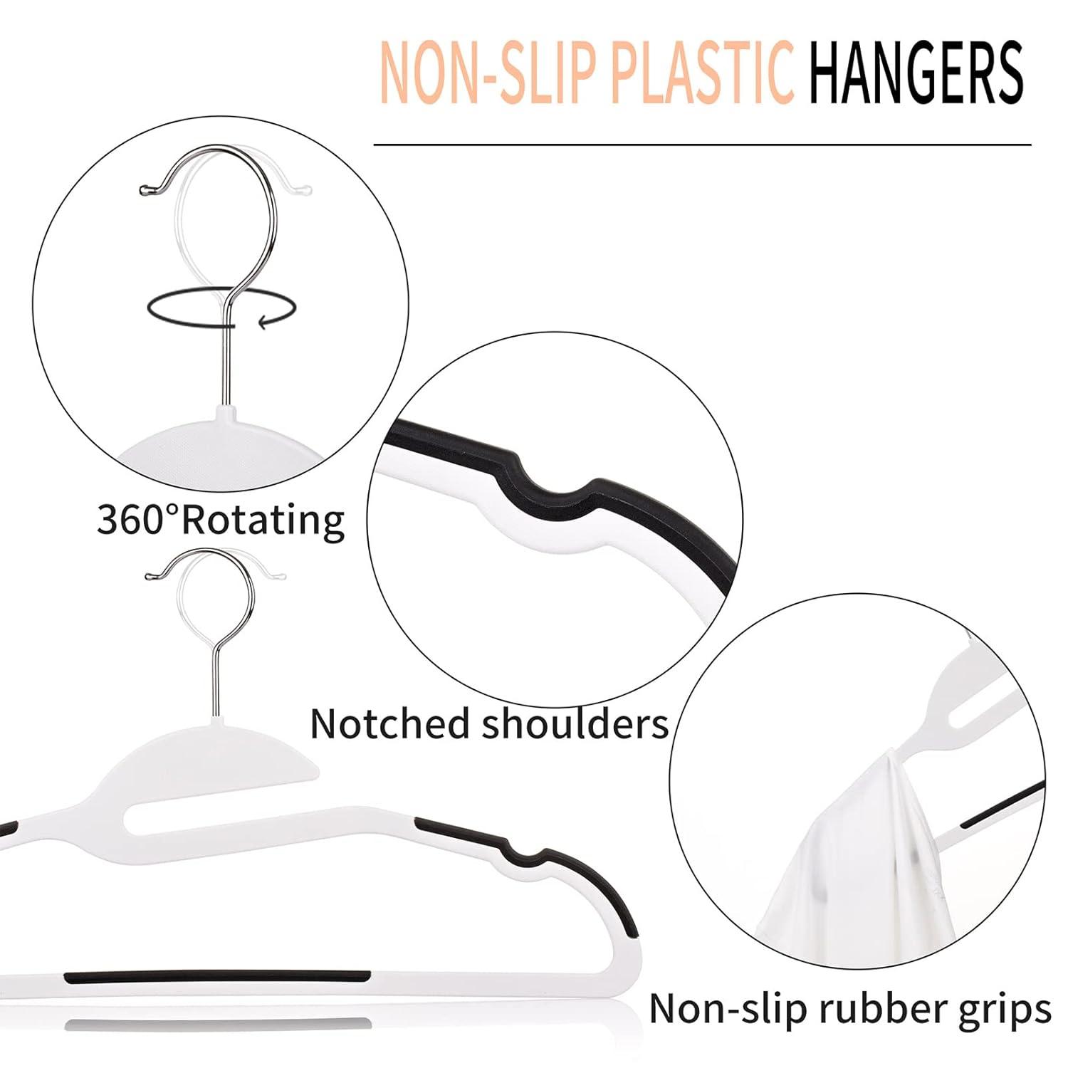 50PK Coat Hangers Non Slip - Space Saving Plastic Clothes Hangers, Slim Pant Hangers, U-Slide, Heavy Duty, 360°Swivel Hook, White