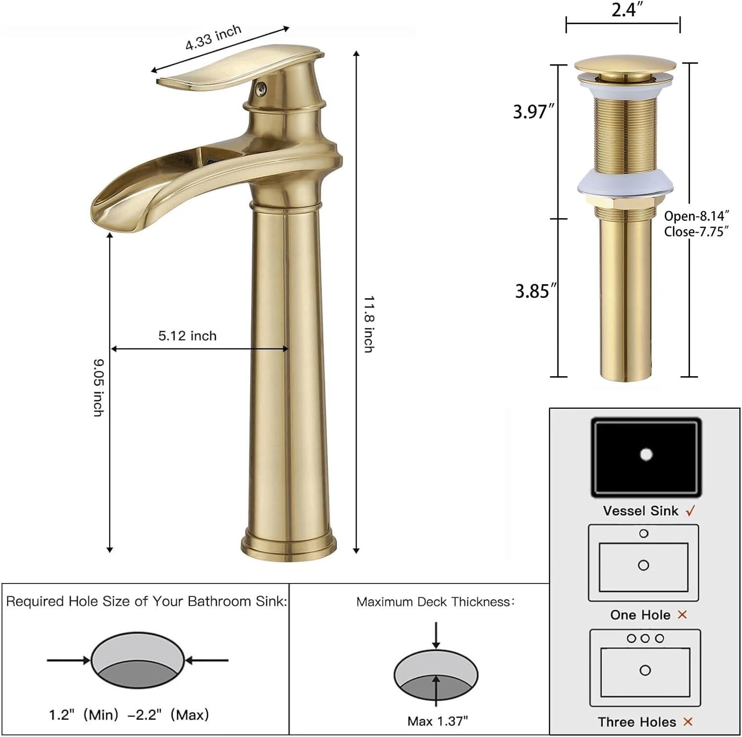 GGStudy Waterfall Single-Handle One Hole Bathroom Vessel Sink Faucet Matching Pop Up Drain Brushed Gold Farmhouse Bathroom Vanity Faucet