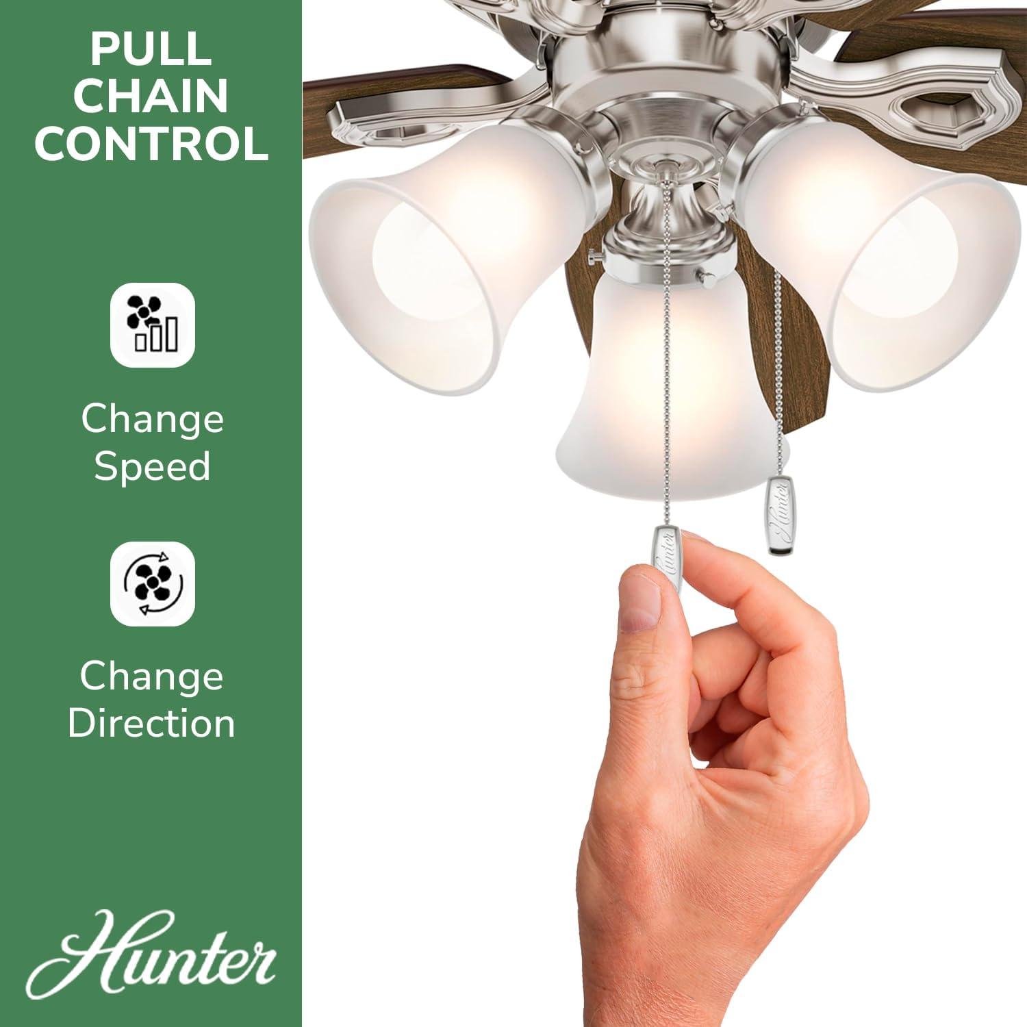 Hunter - Builder Indoor Low Profile Ceiling Fan With Light, 42-inch, Brushed Nickel, Traditional-style, 3-speed WhisperWind Motor, 51092, for living rooms, bedrooms, home offices, kitchens