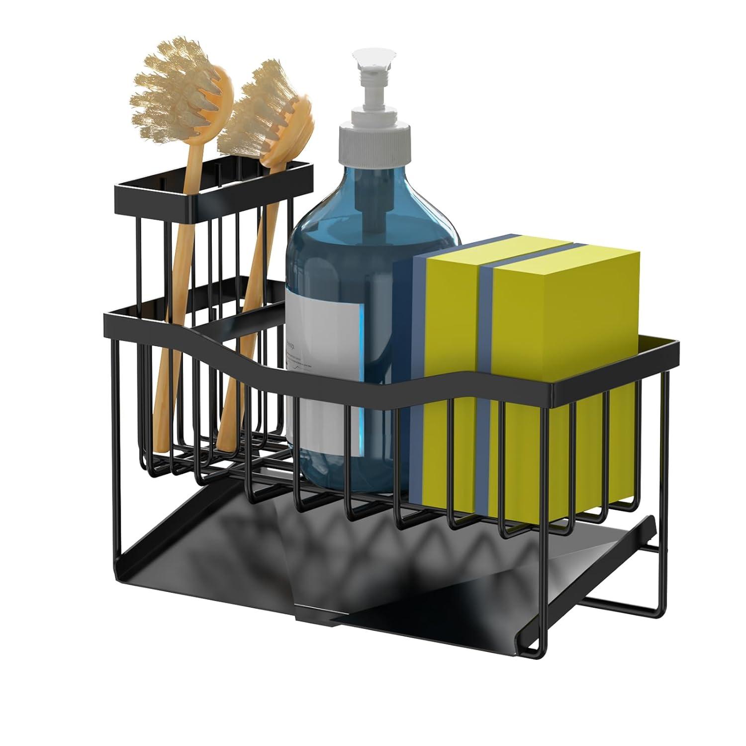 Maifan Sink Caddy Sponge Holder for Kitchen with Brush Holder and Stainless Steel Self Drain Tray, Rustproof Kitchen Sink Organizer for Sponge, Soap Dispenser Storage Accessories