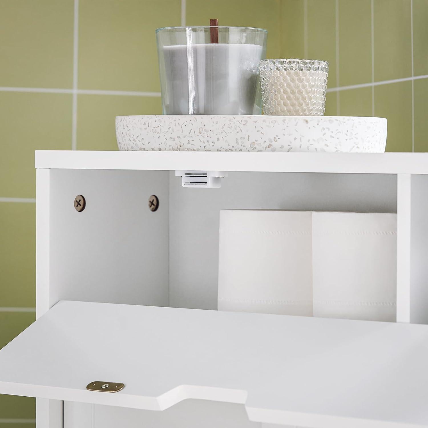 White MDF Bathroom Cabinet with Adjustable Shelving and Wheels