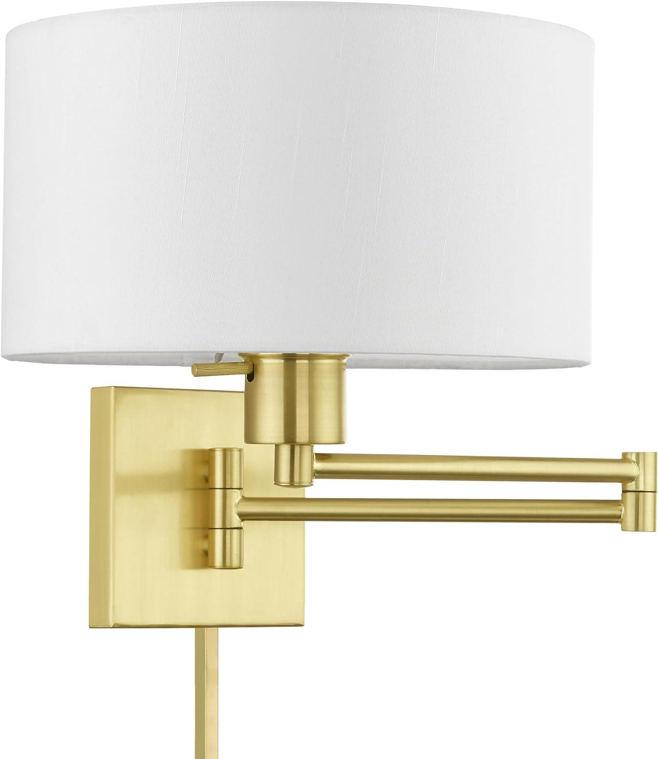 Satin Brass Swing Arm Wall Lamp with Off-White Shade