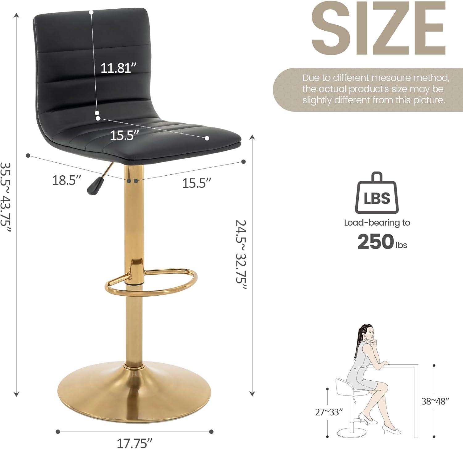 Flash Furniture Modern Black Vinyl Adjustable Bar Stool with Back, Counter Height Swivel Stool with Gold Pedestal Base, Set of 2