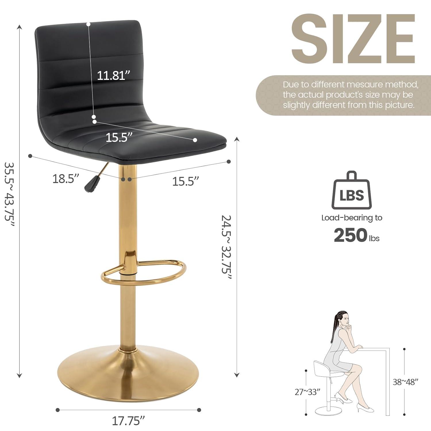 Flash Furniture Modern Black Vinyl Adjustable Bar Stool with Back, Counter Height Swivel Stool with Gold Pedestal Base, Set of 2