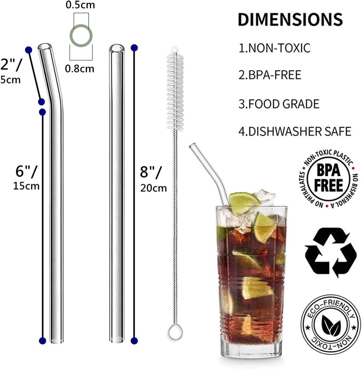 8 Pcs Reusable Glass Straws, 8"x8mm Eco-friendly Drinking Straws for Smoothie, Milkshakes, Tea, Juice, Cocktail Straws, Multi-Color Mixed (8Pcs Bent)