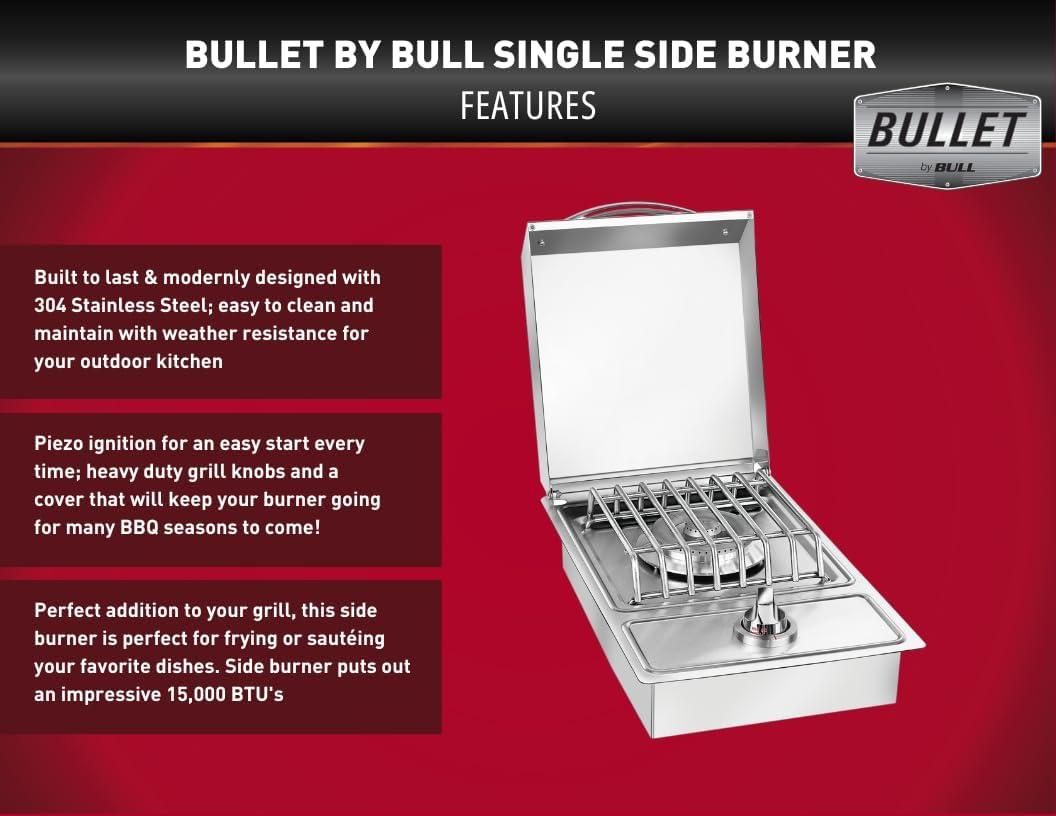 Bullet by Bull Classic Single Side Burner Stainless Steel Drop In for Outdoor Kitchen BBQ Island Liquid Propane