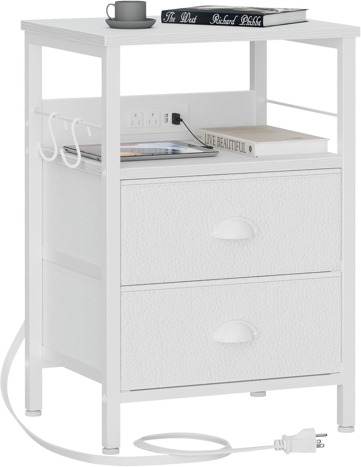 Furologee Nightstand with Charging Station, Bedside Table with USB Ports & Outlets, Night Stand with Storage Shelf & Hooks, End Table with Fabric Drawers for Bedroom, Living Room, White