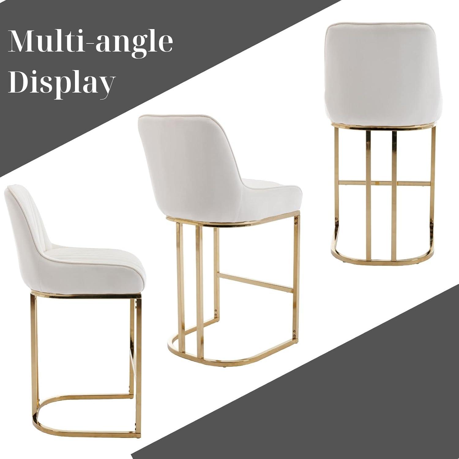 Counter Height Stools Set of 2, Velvet Bar Stools with 27 Inches Upholstered Seat Height, Handmade Woven Back Armrest, Sturdy Golden Metal Legs for Home Dining Pub Kitchen Island, Beige