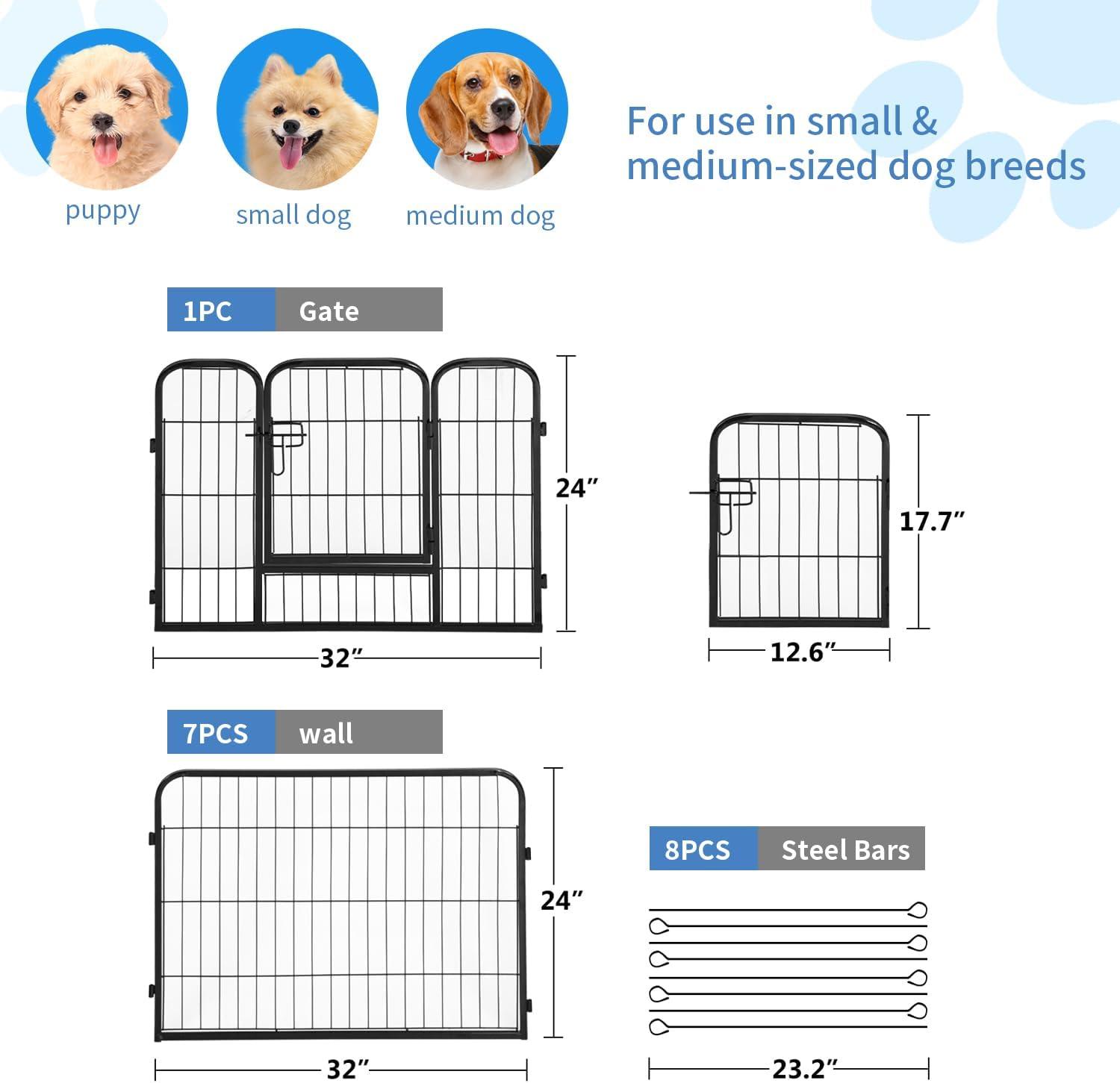 Dog Playpen, 8 Panel Foldable Dog Exercise Pen with Latch, Pet Fence with 360⁰ Hinges and Wire Meshes for Outdoor, Home, Black