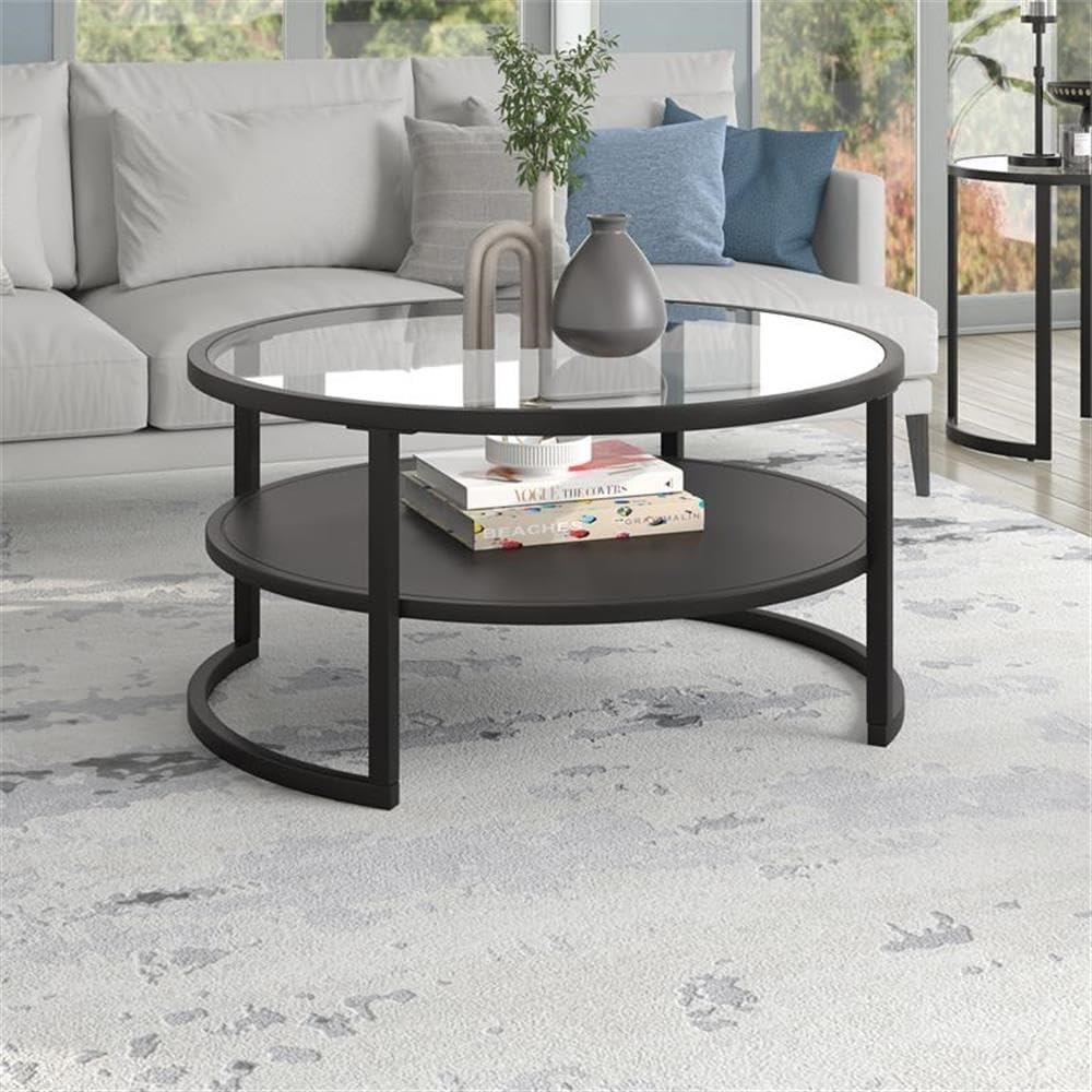 Evelyn&Zoe Winston 34.25" Wide Round Coffee Table with Metal Shelf in Blackened Bronze