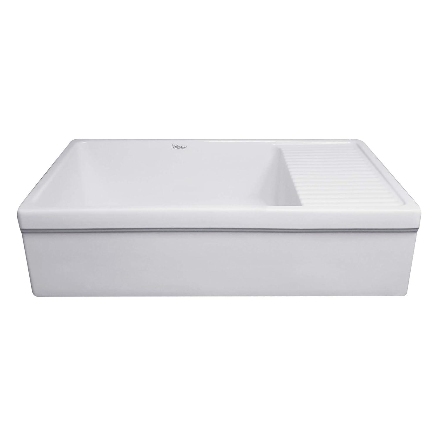 Whitehaus Collection WHQD540-M-WHITE Whitehaus Collection 36” Single Bowl Fireclay Kitchen Sink: Integral Drainboard, Lip Front Apron