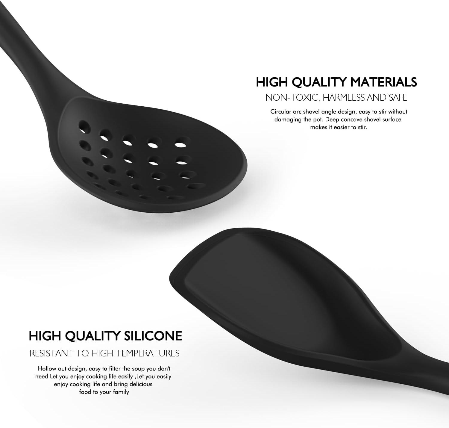 Large Silicone Cooking Utensils - Heat Resistant Kitchen Utensil Set with Wooden Handles, Spatula,Turner, Slotted Spoon, Pasta server, Kitchen Gadgets Tools Sets for Non-Stick Cookware (Black)