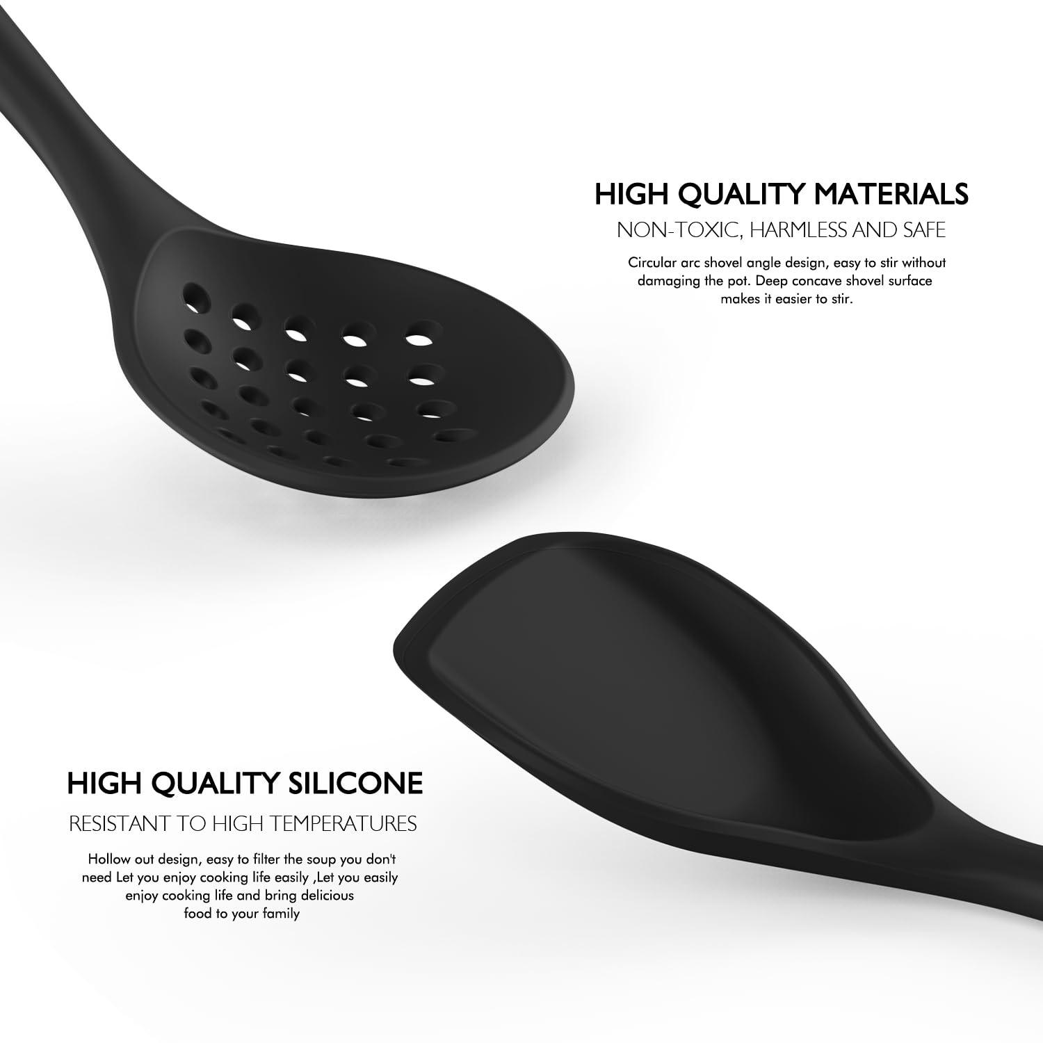 Large Silicone Cooking Utensils - Heat Resistant Kitchen Utensil Set with Wooden Handles, Spatula,Turner, Slotted Spoon, Pasta server, Kitchen Gadgets Tools Sets for Non-Stick Cookware (Black)