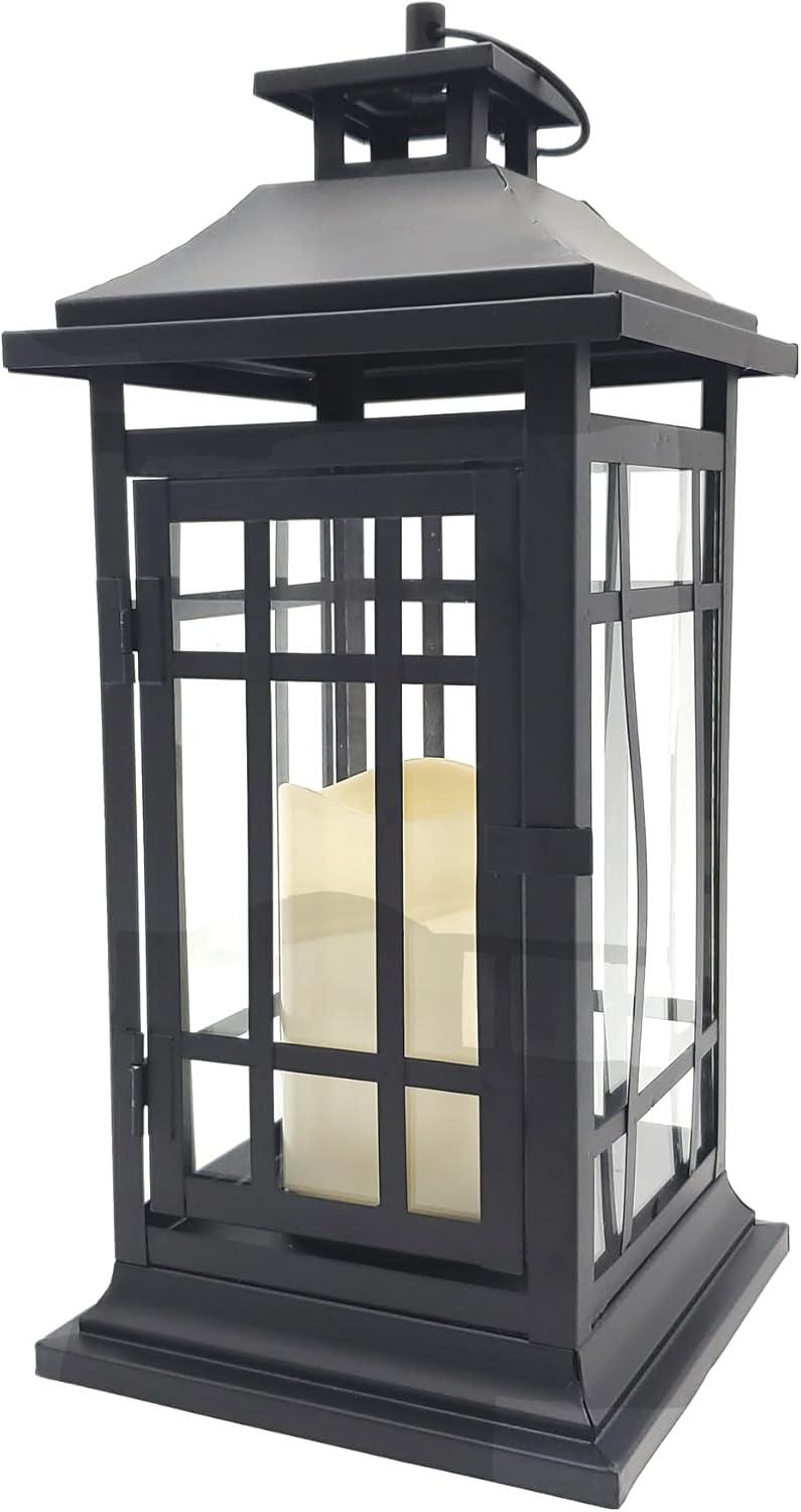 LumaBase Battery Operated Metal Lantern with LED Candle - Black Window (14 inches)