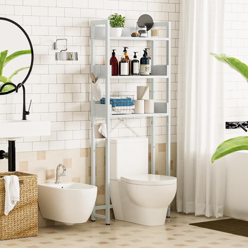 Baokaler Over Toilet Storage 3 Tier Bathroom Organizer Over Toilet Above Toilet Storage Rack Freestanding Bathroom Space Saver Over Toilet Bathroom Organizer White for Restroom, Laundry, Bamboo