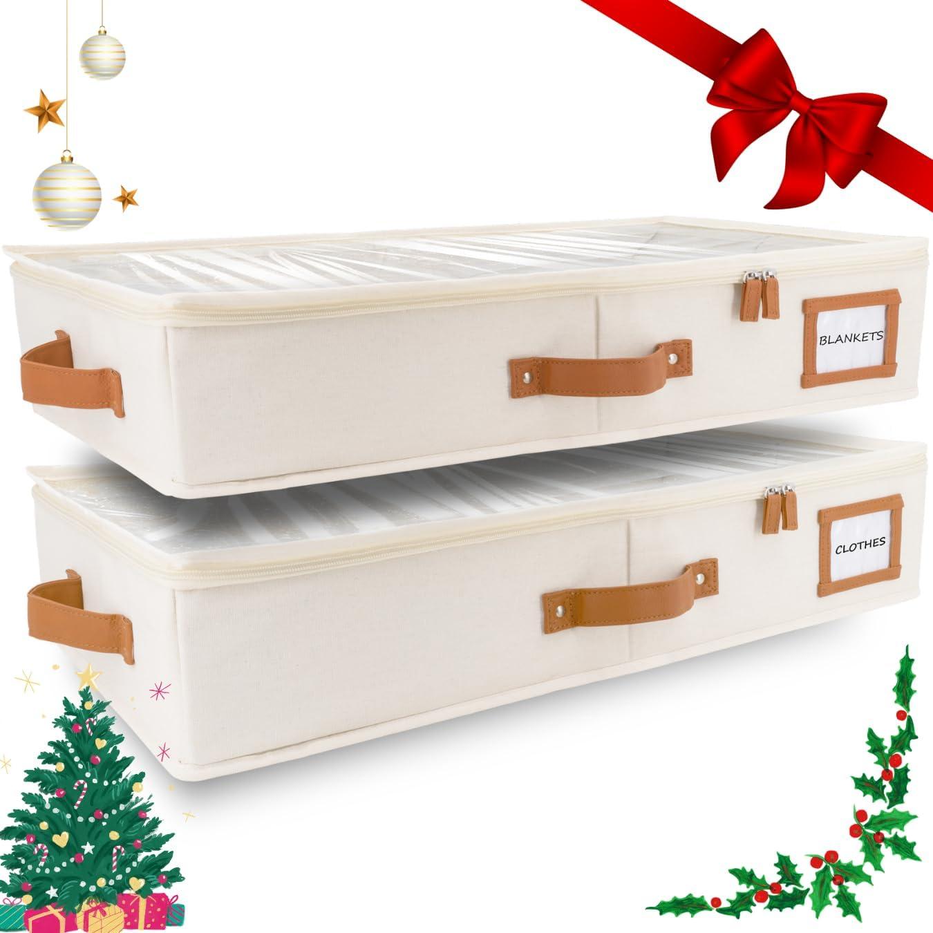 Ivory Canvas Foldable Under Bed Storage Containers with Lids