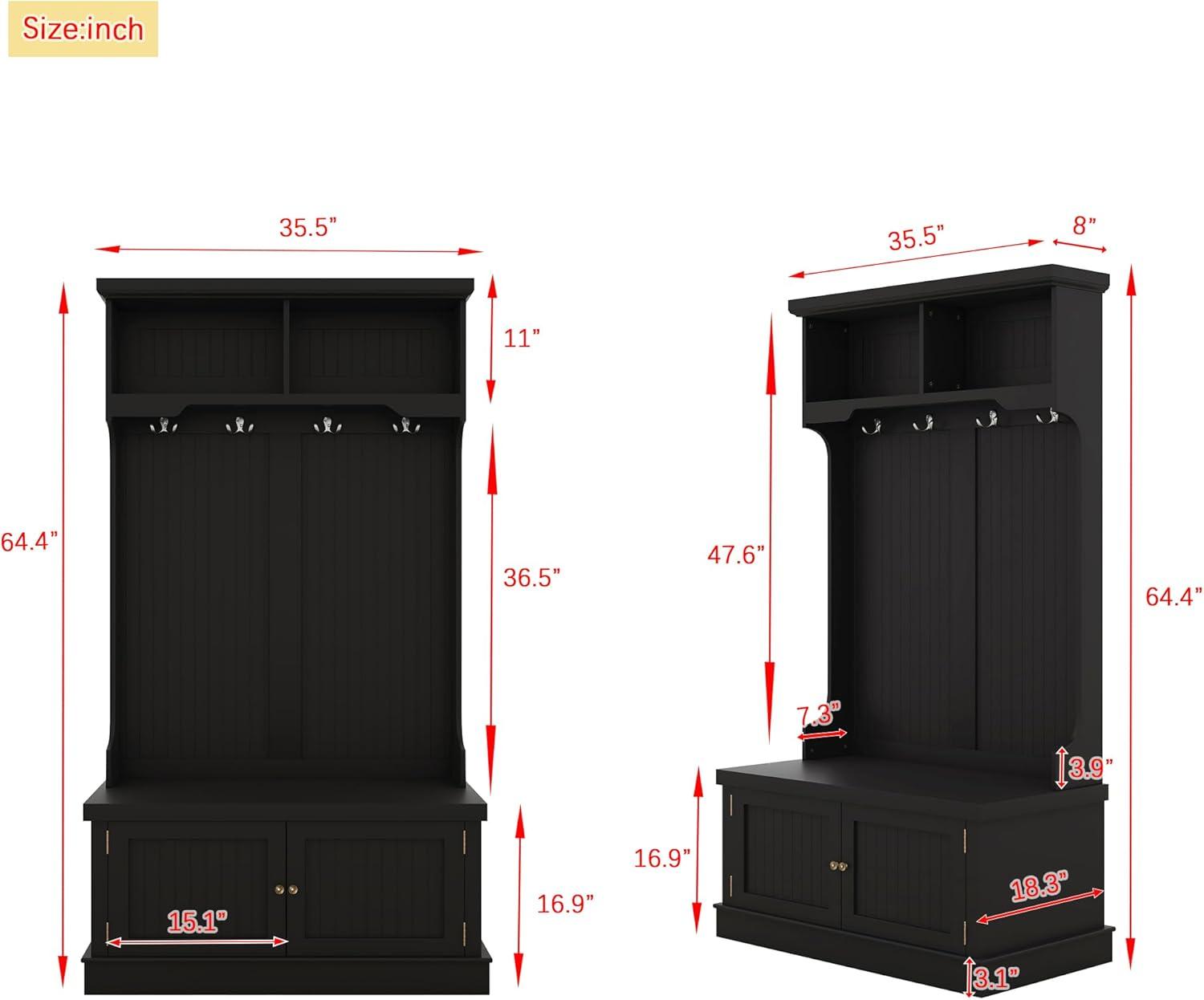 Black Hall Tree with Storage Cabinets and Metal Hooks