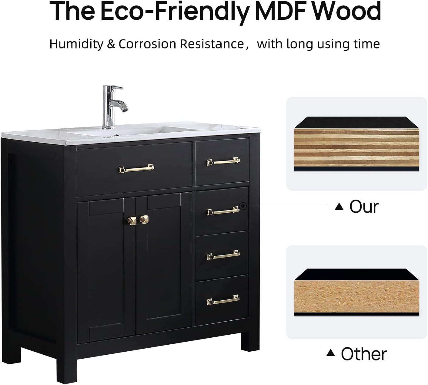 Wonline 36" Luxurious Bathroom Vanity with Sink Combo Set,Free Standing Bathroom Vanity Cabinet w/Thickened Wood, Faucet, Painted Surface, Mirror, Black