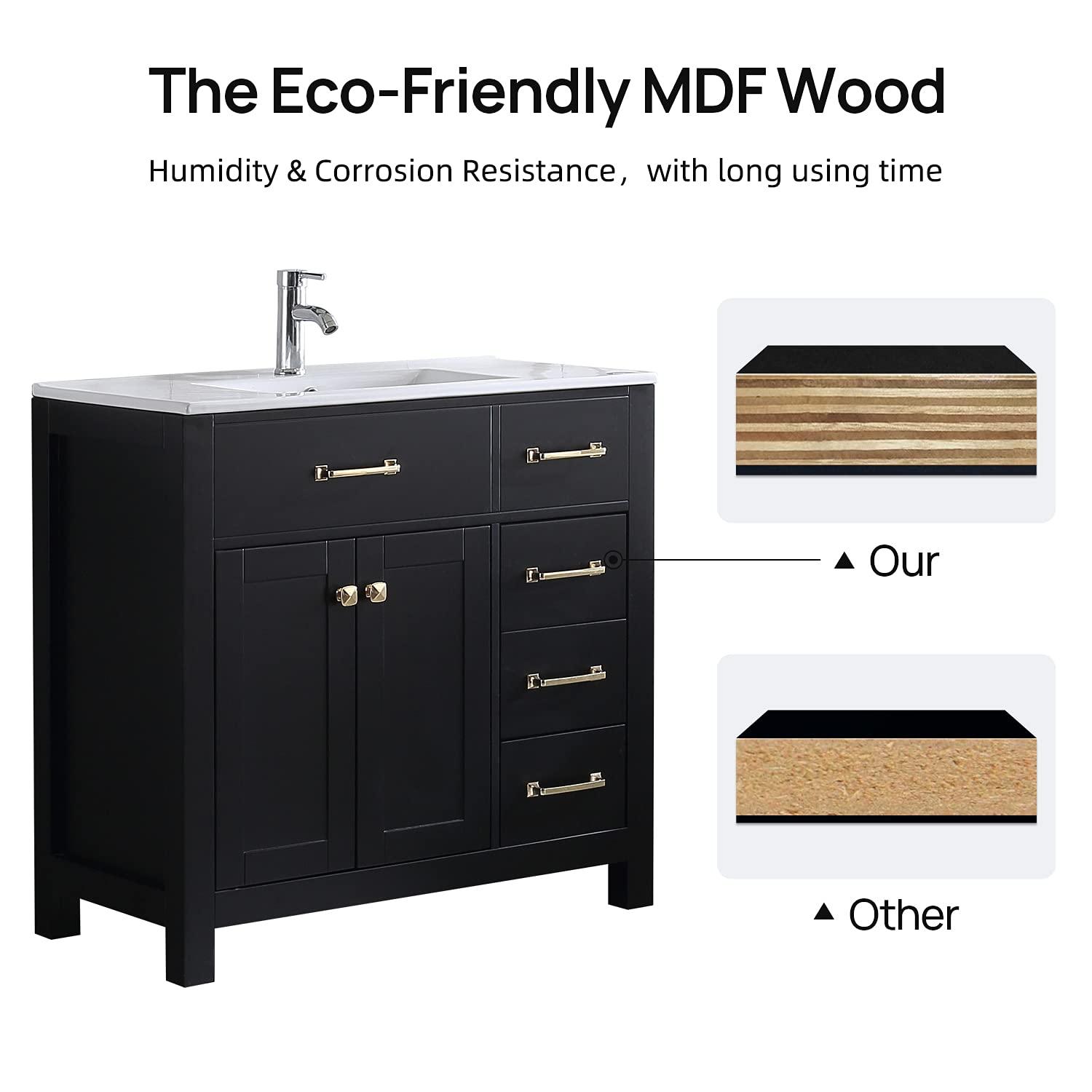 Wonline 36" Luxurious Bathroom Vanity with Sink Combo Set,Free Standing Bathroom Vanity Cabinet w/Thickened Wood, Faucet, Painted Surface, Mirror, Black