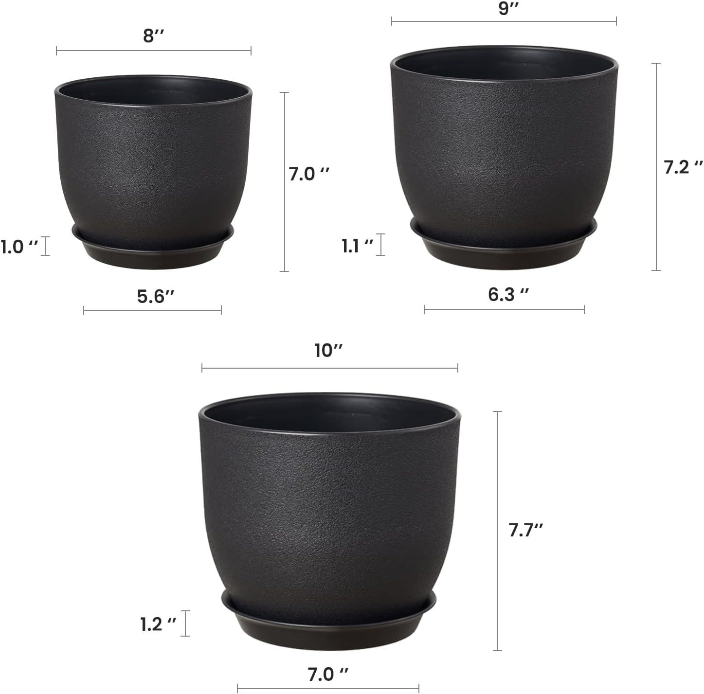 Gardrium Plant Flower Pots 10/9/8 inch Set of 3, Plastic Planters with Drainage Hole for Indoor Outdoor Garden, Black C9