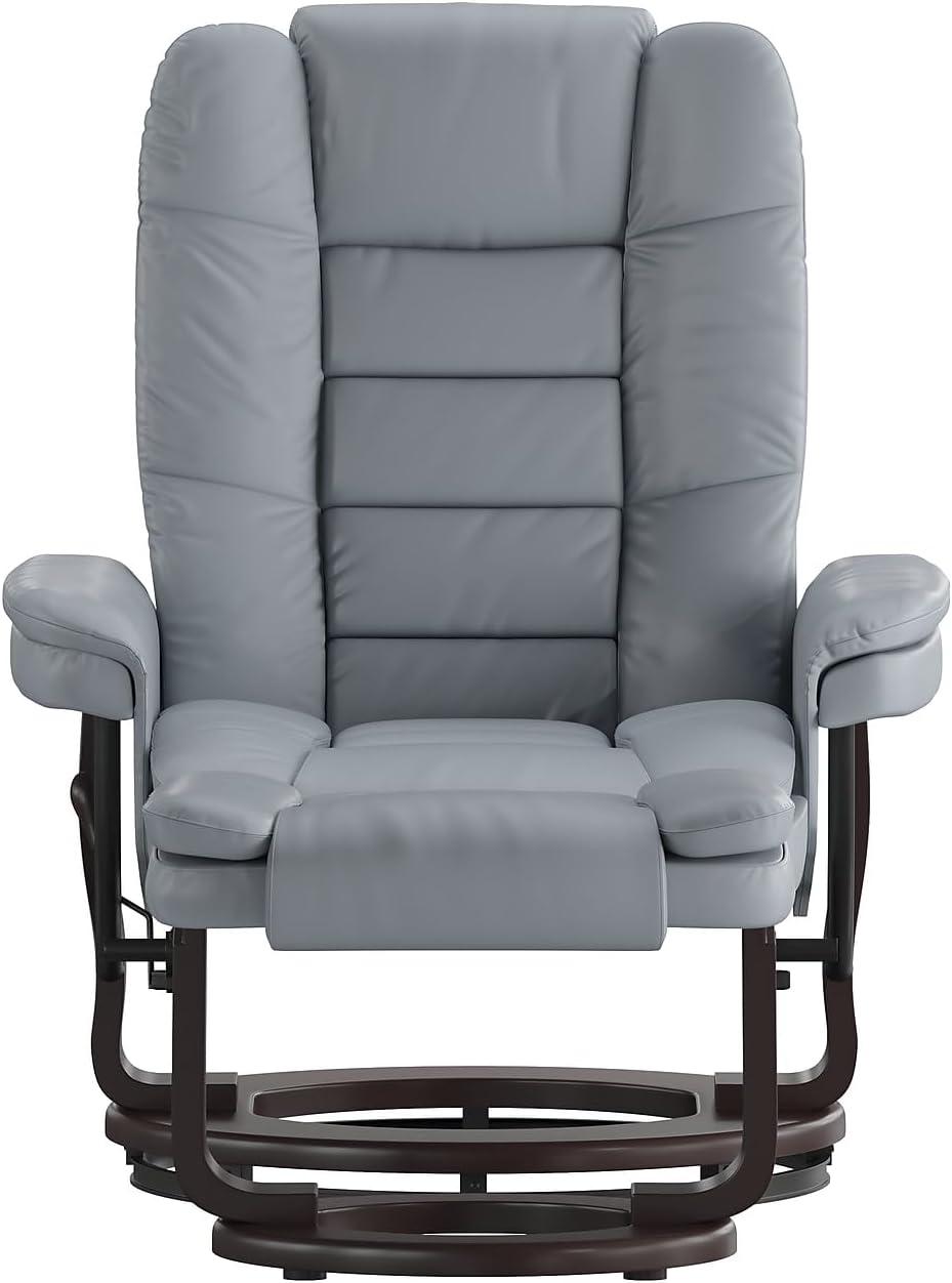 Flash Furniture Bali Contemporary Multi-Position Recliner with Horizontal Stitching and Ottoman with Swivel Mahogany Wood Base in Gray LeatherSoft