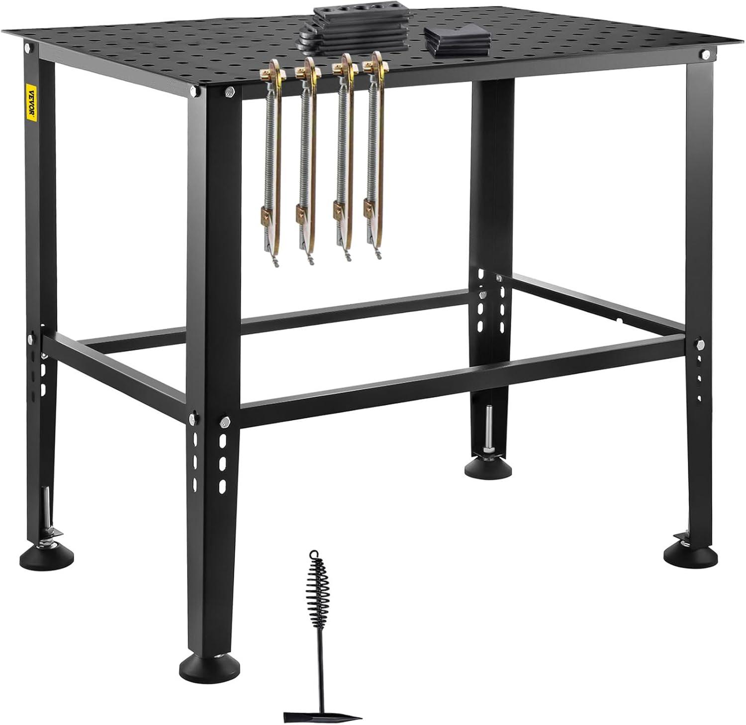 VEVOR Welding Table, 36" x 24" Adjustable Workbench, 0.12" Thick Industrial, 600lb Load Capacity, Heavy Duty Carbon Steel, Gray Steel With Accessories