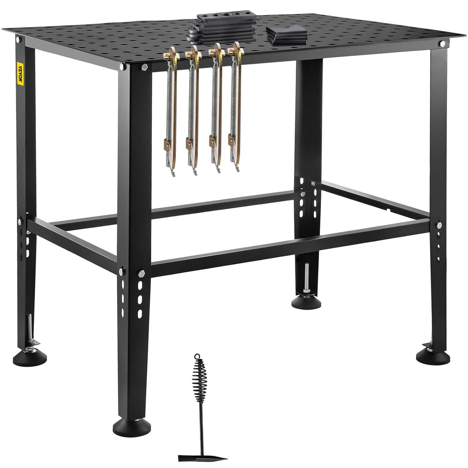 VEVOR Welding Table, 36" x 24" Adjustable Workbench, 0.12" Thick Industrial, 600lb Load Capacity, Heavy Duty Carbon Steel, Gray Steel With Accessories