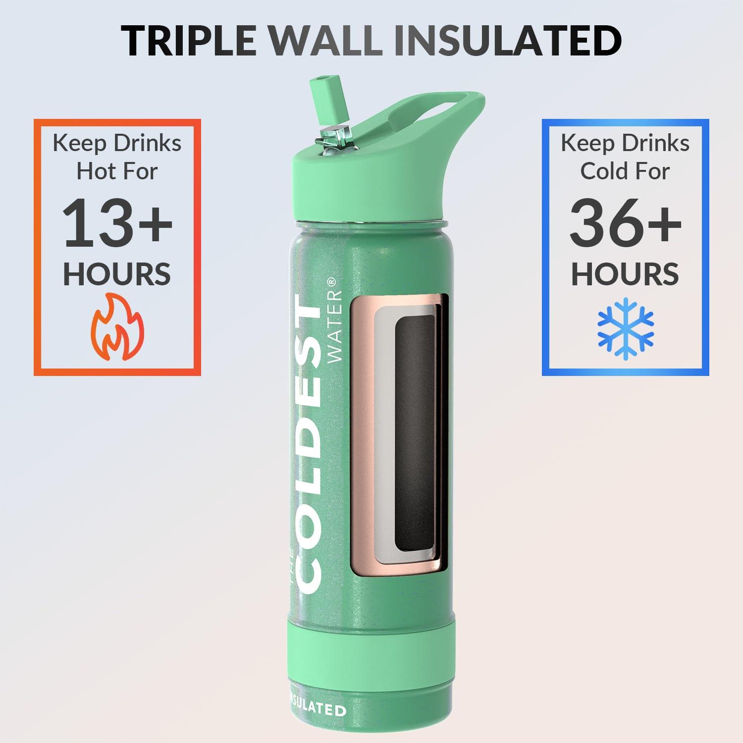 Coldest Sports Water Bottle with Straw Lid Vacuum Insulated Stainless Steel Bottles Reusable Leak Proof Flask for Sports (24 oz, Green Aurora Glitter)