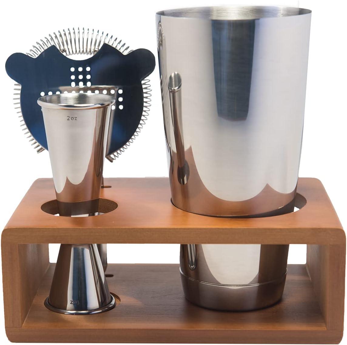 Stainless Steel Boston Cocktail Shaker Set with Wood Stand