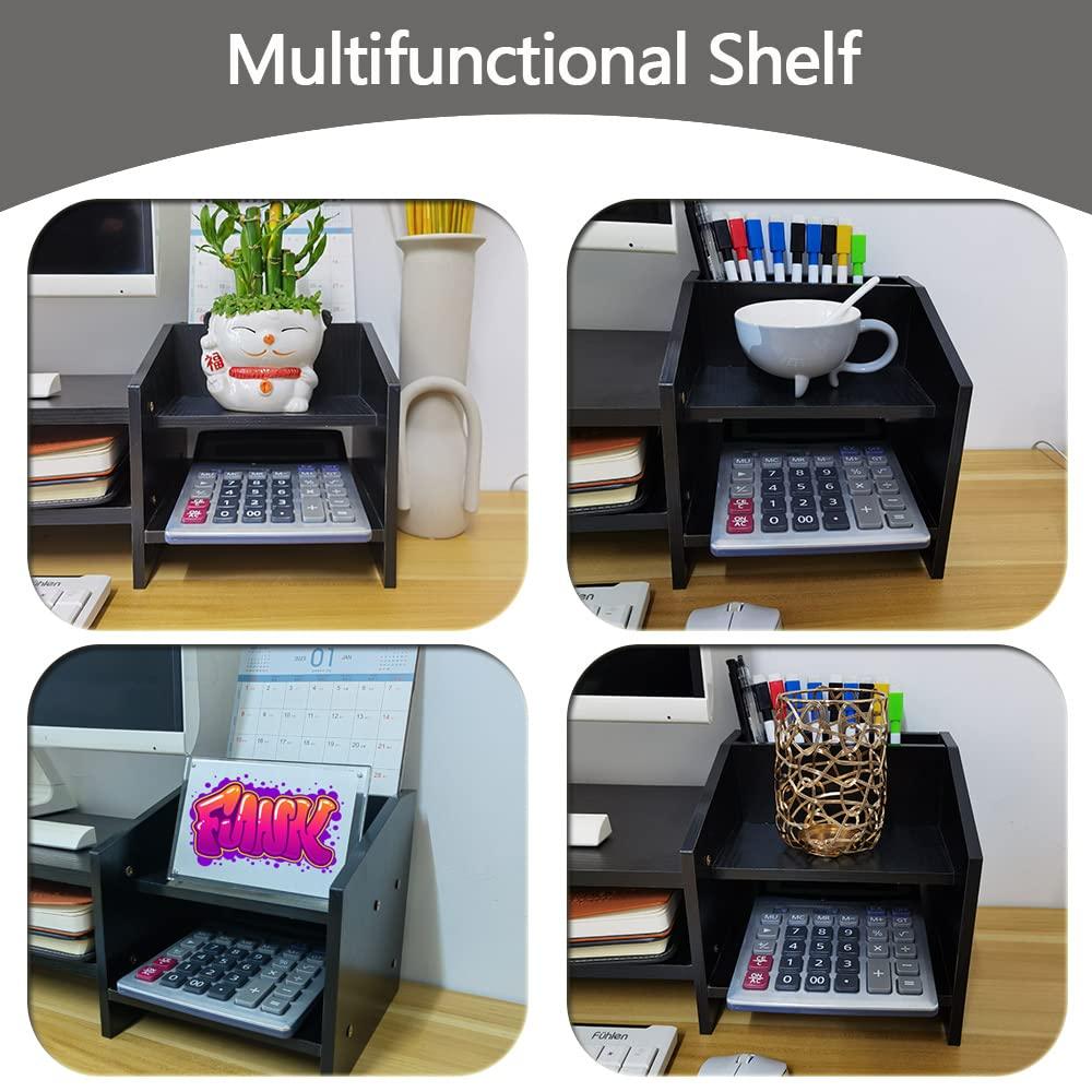 Computer Monitor Riser, 2 Tier Wooden Stand With Two Layer Storage Rack, Black Desktop Organizer for PC/Laptop, Home & Office