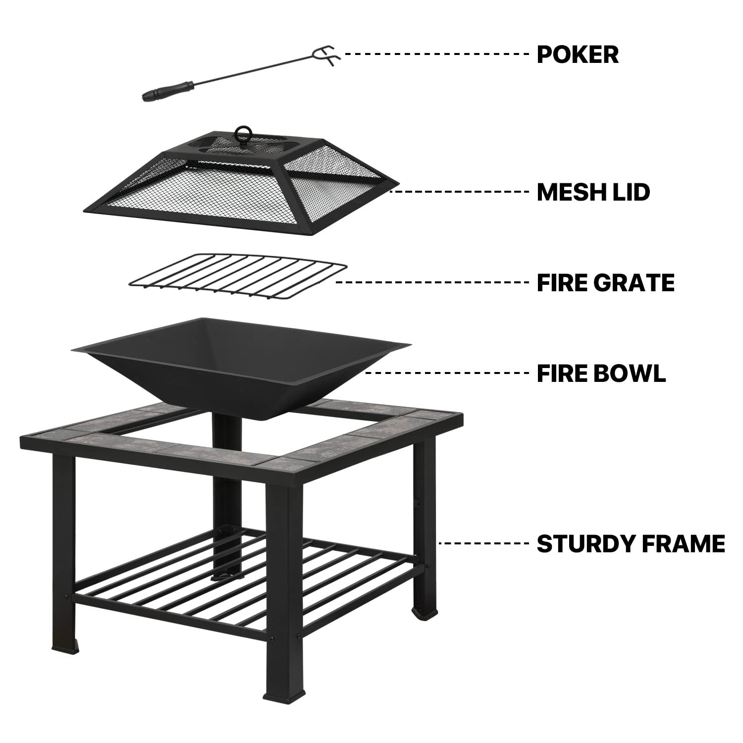 MoNiBloom 30" Square Fire Pit Table with Spark Screen Lid, Log Grate and Poker, Wood Burning Fire Pit with Shelf and Removable Tile, Black