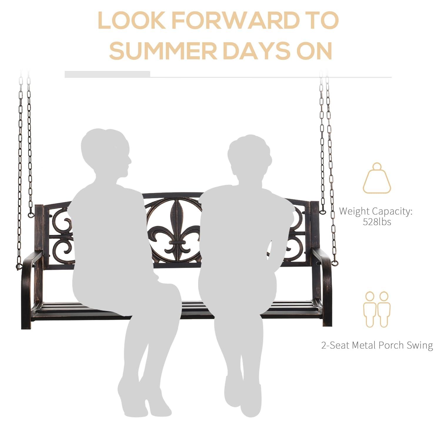 Outsunny 2-Person Porch Swing, Hanging Steel Patio Swing, Outdoor Swing Bench with Fleur-de-Lis Design for Garden Deck, 528 LBS Weight Capacity, Bronze