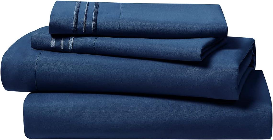 Clara Clark Premier 1800 Microfiber Collection 3-Line Bed Sheet Set, Cal King Size, Navy Blue